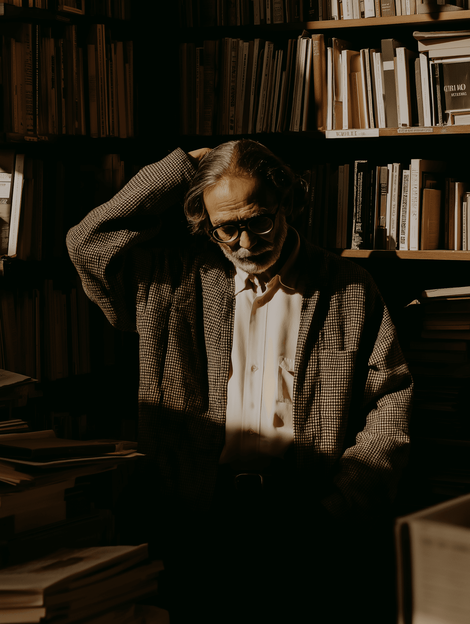 An older person standing in a dimly lit library filled with books, wearing a checkered jacket and white shirt, with one hand raised to the back of the head in a contemplative pose, as dramatic lighting highlights the face and upper body against shadowed shelves.
