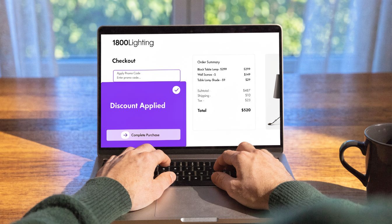A person using a laptop to apply a discount code at the 1800Lighting checkout page.