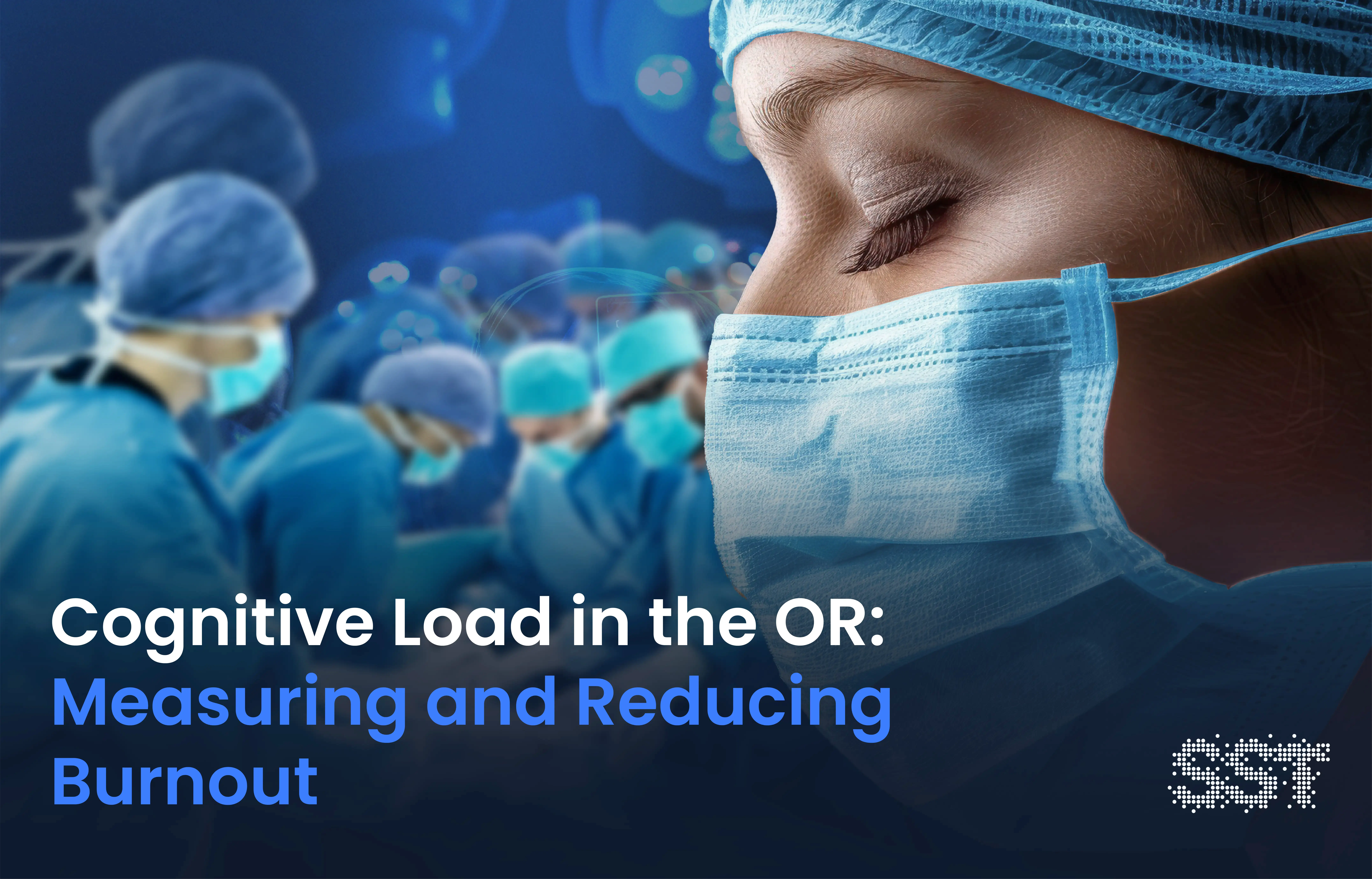 Female nurse standing at front of OR with eyes closed, appearing stressed.