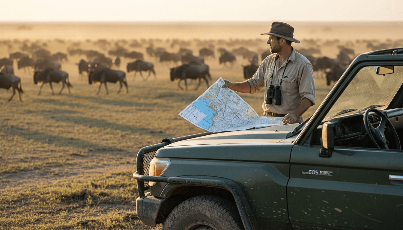 Guía de safari atento al espectáculo de la migración de animales