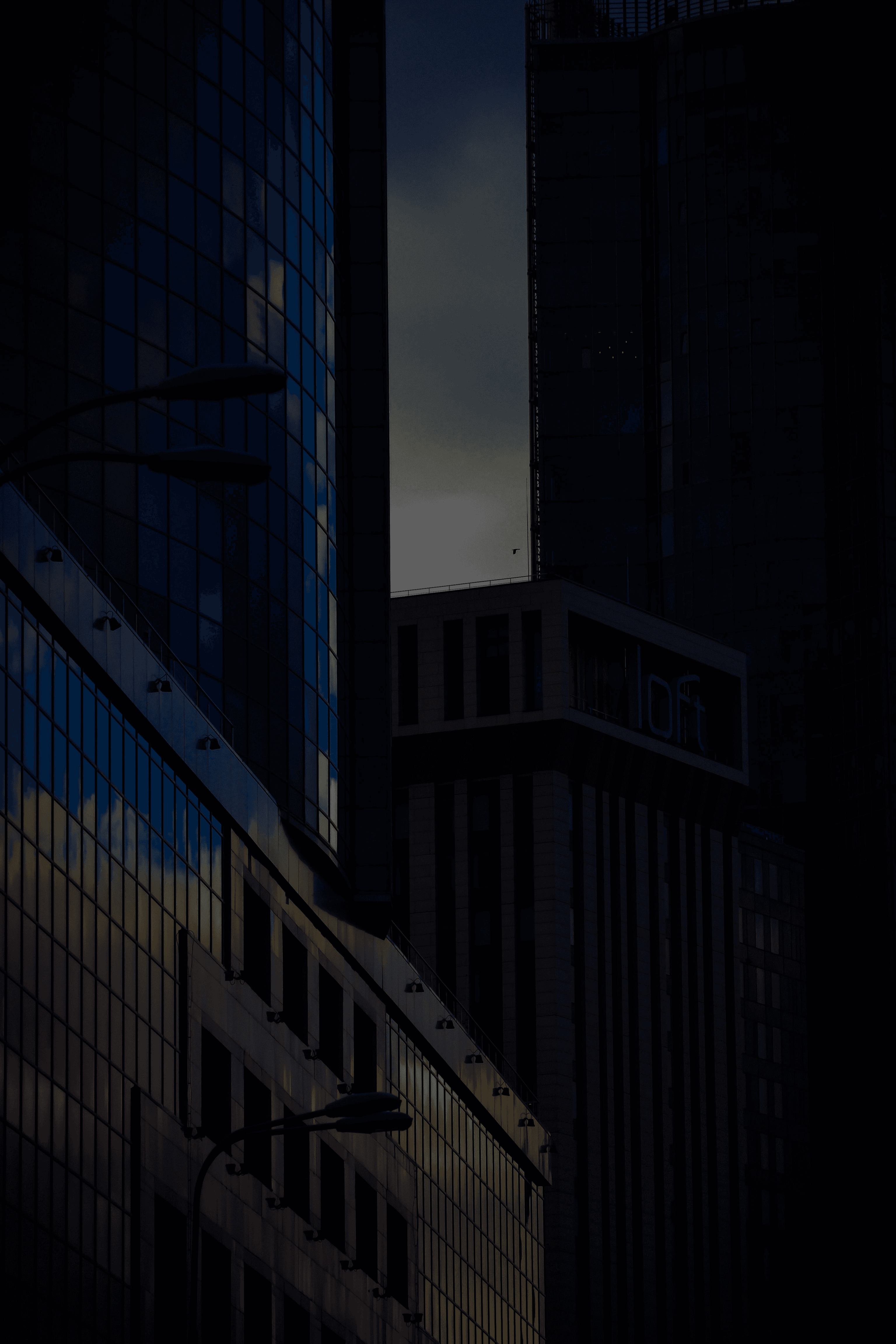 a view of a city with skyscrapers and a street light