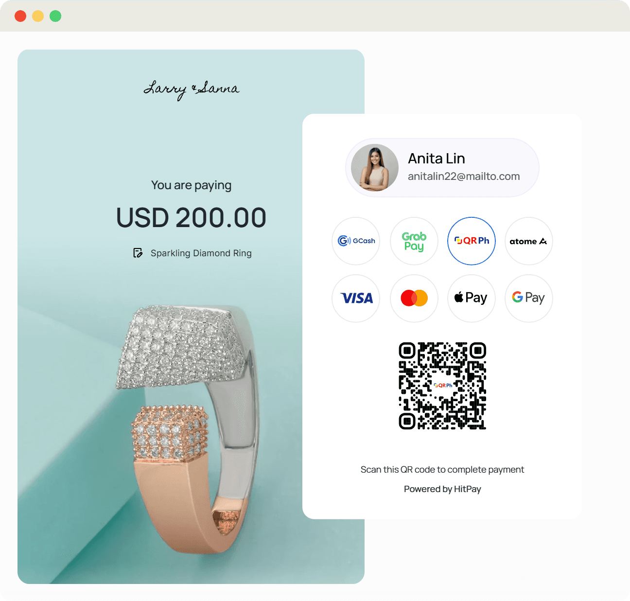 HitPay checkout paying with QR Ph in the Philippines, with GCash, GrabPay, QR Ph, Atome, Visa, Mastercard, Apple Pay and Google Pay options.