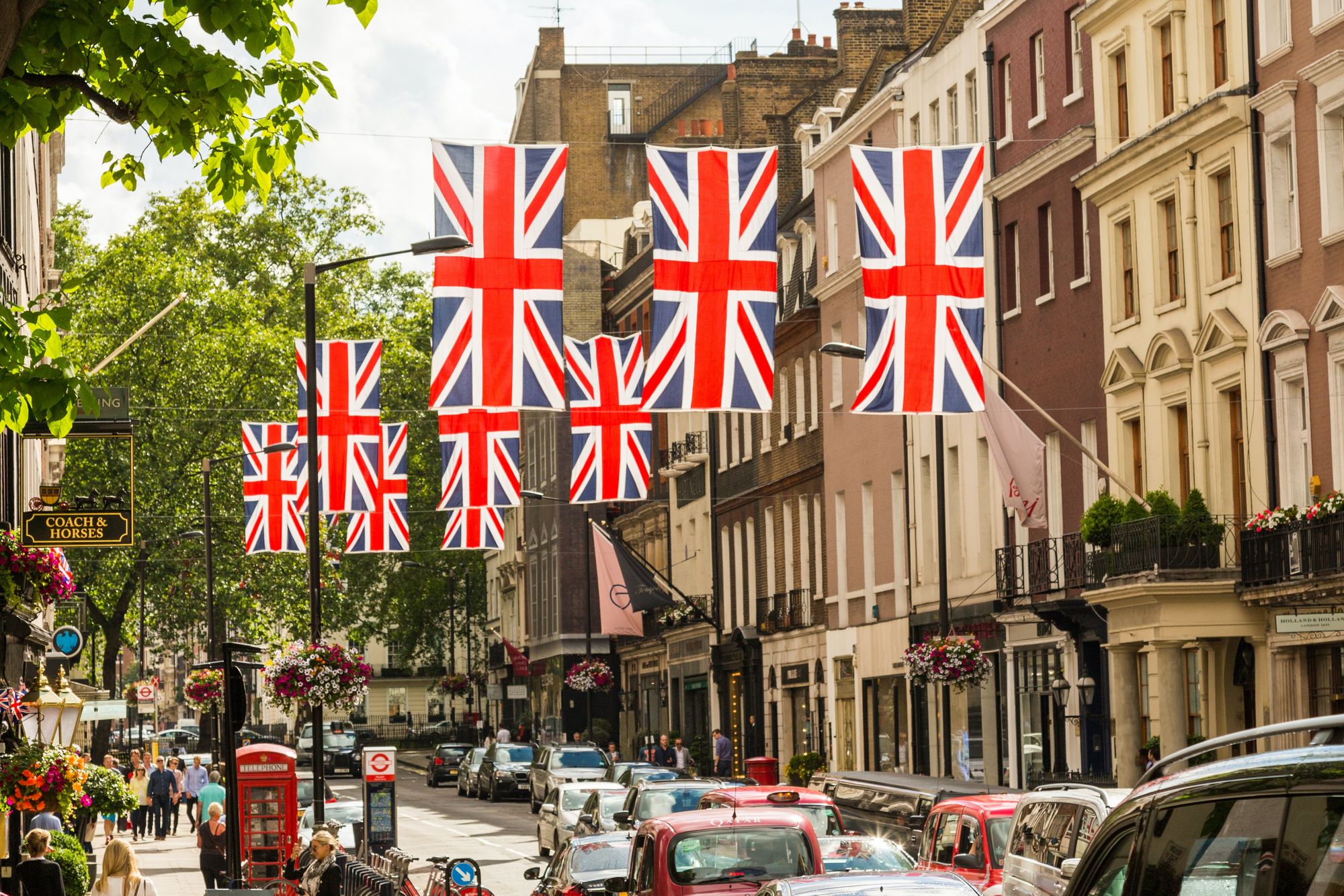 Union Jack flags on a street in London