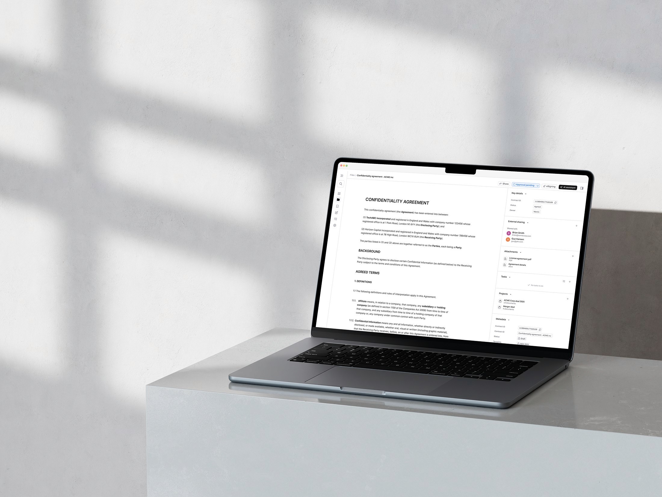 AI-based contract management software Pocketlaw for businesses of all sizes (small, medium, large), showcasing a user-friendly dashboard that streamlines legal workflow for clients and customers with options to create, review, and upload documents, access templates, and monitor document statistics.