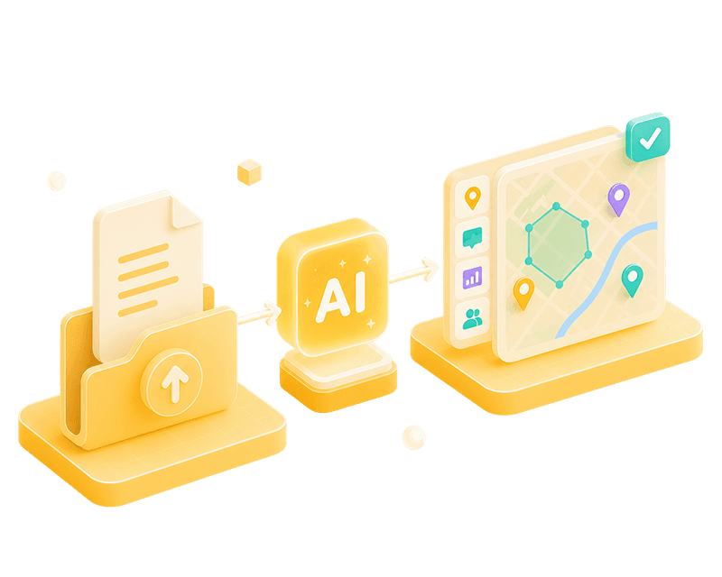Illustration showing how an uploaded RFP document is transformed by AI into a ready-to-use community engagement project with map and survey tools