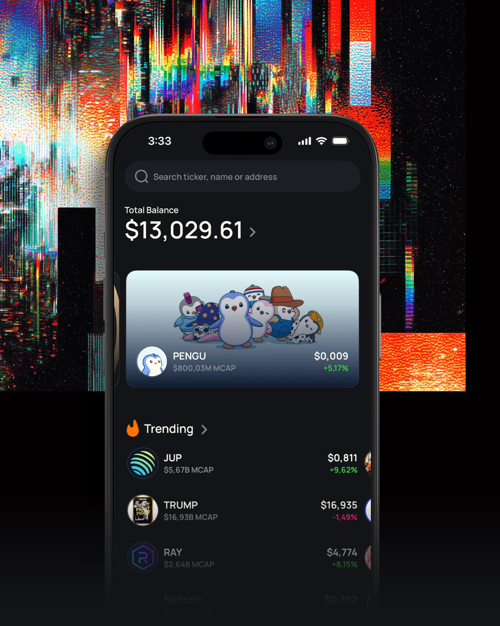 Handshake Crypto Wallet app showing wallet balance and trending memecoins