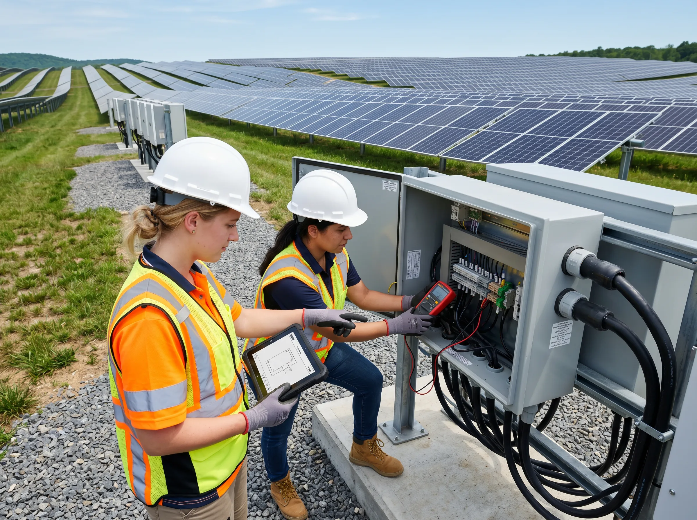 Two technicians wearing safety gear inspecting and testing an open electrical control panel at a solar farm, with rows of solar panels in the background.