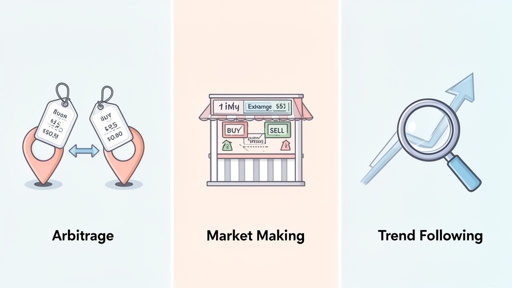 Three illustrations depicting arbitrage, market making, and trend following trading strategies.