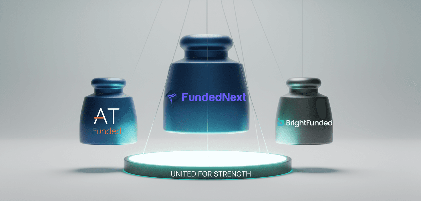 Three weighted objects merging onto a luminous platform, representing account unification in trading