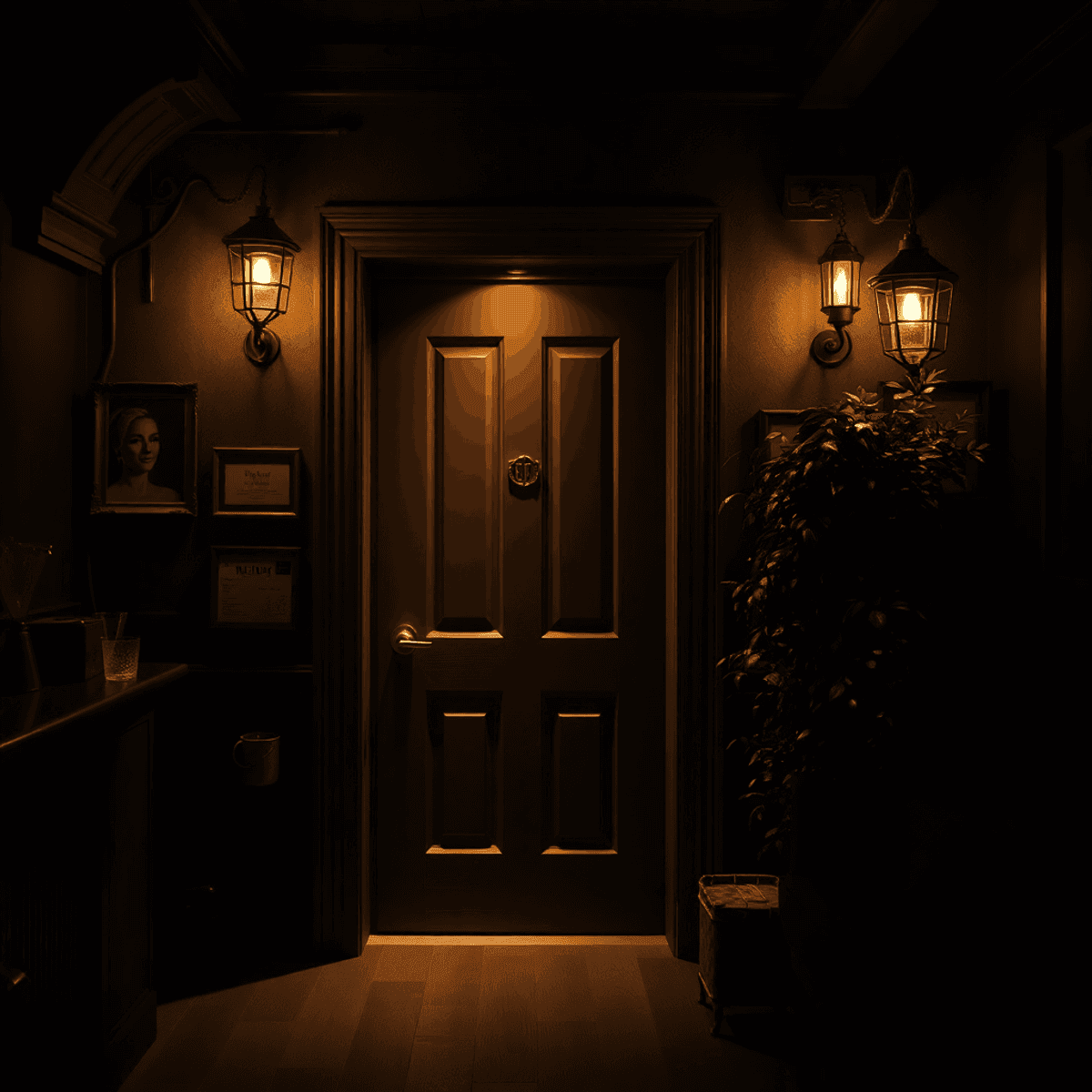 A cozy speakeasy entrance with a dimly lit unmarked door, vintage decor, soft lighting, a classic cocktail glass, and lush greenery, evoking mystery and exclusivity.