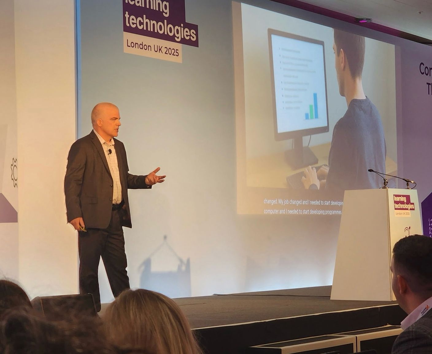 Keynote speaker presenting on stage at Learning Technologies London 2025