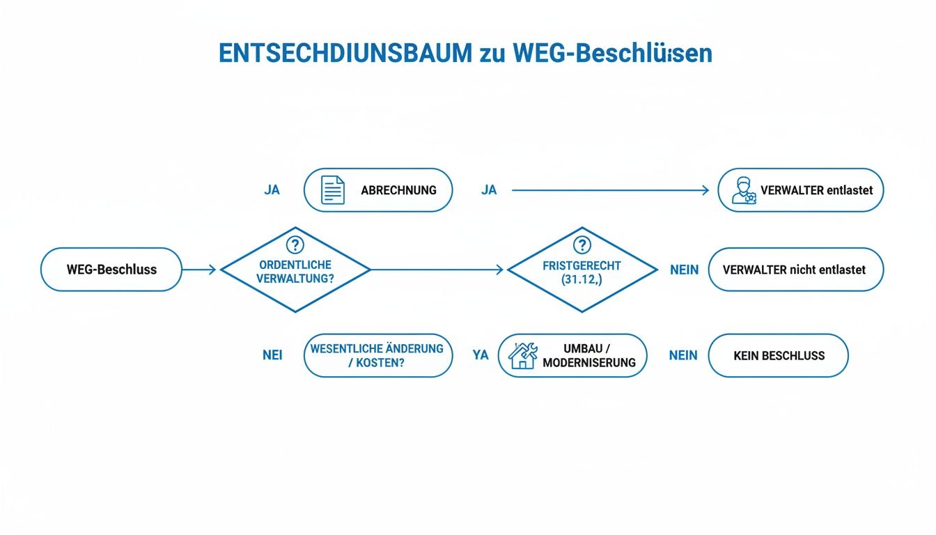 Entscheidungsbaum für WEG-Beschlüsse zeigt Prozesse für Abrechnung, Verwaltung, Umbau und Modernisierung mit möglichen Ergebnissen.