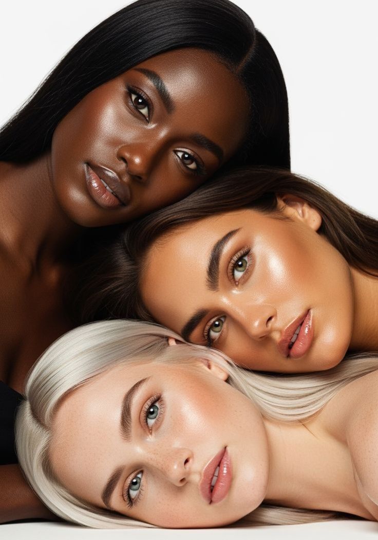 Three women with different skin tones posed close together against a white background
