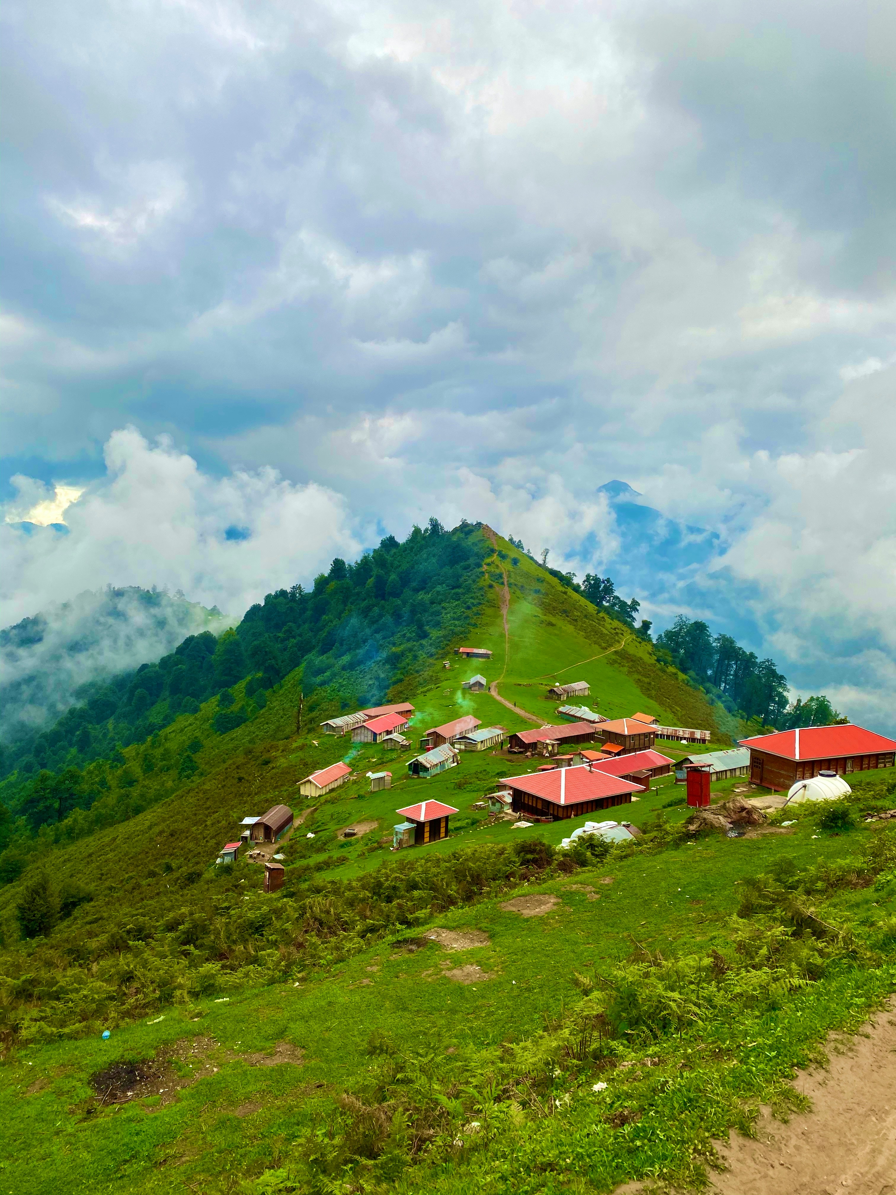 houses on green grass field under white clouds and blue sky during daytime