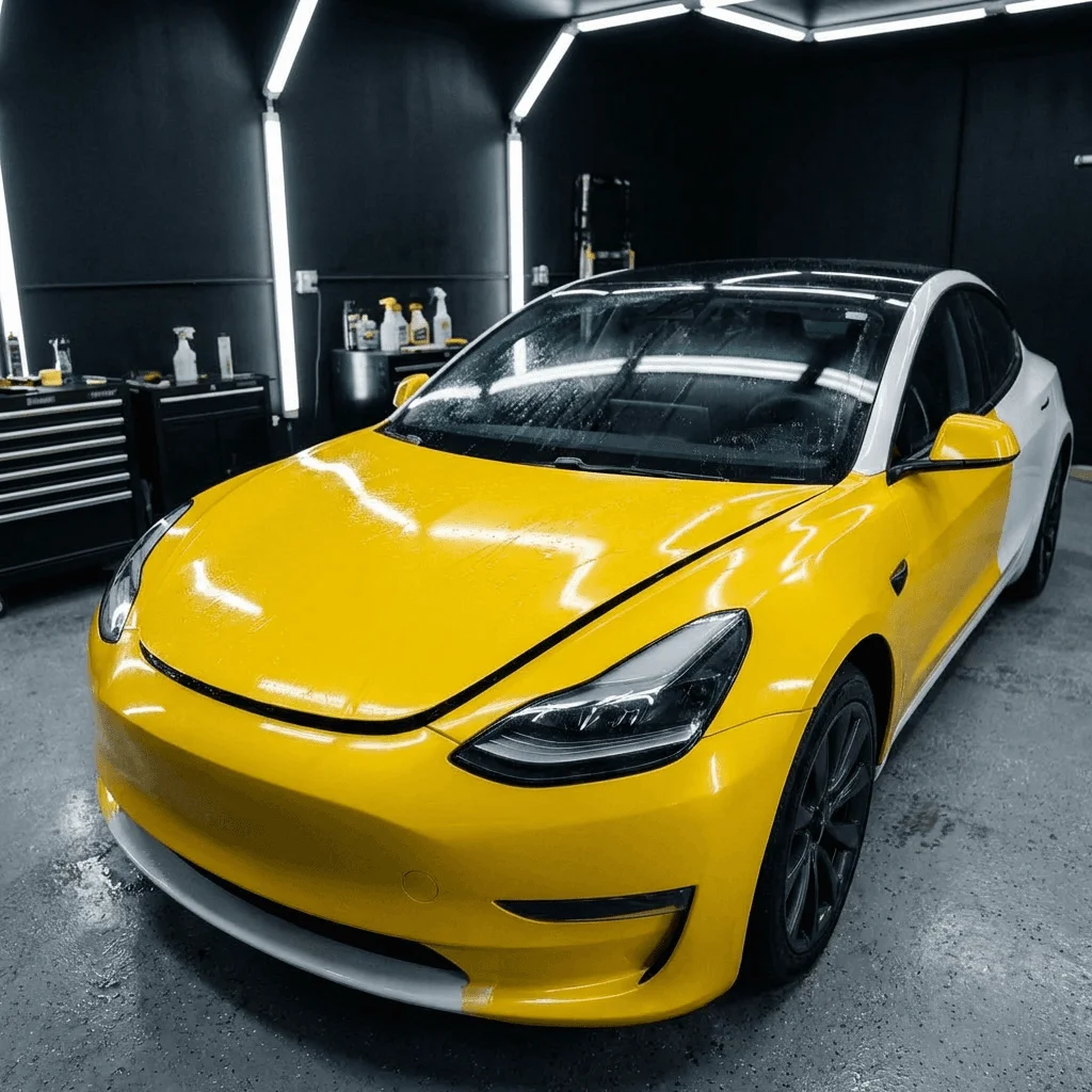 Tesla Model 3 with yellow front half wrap