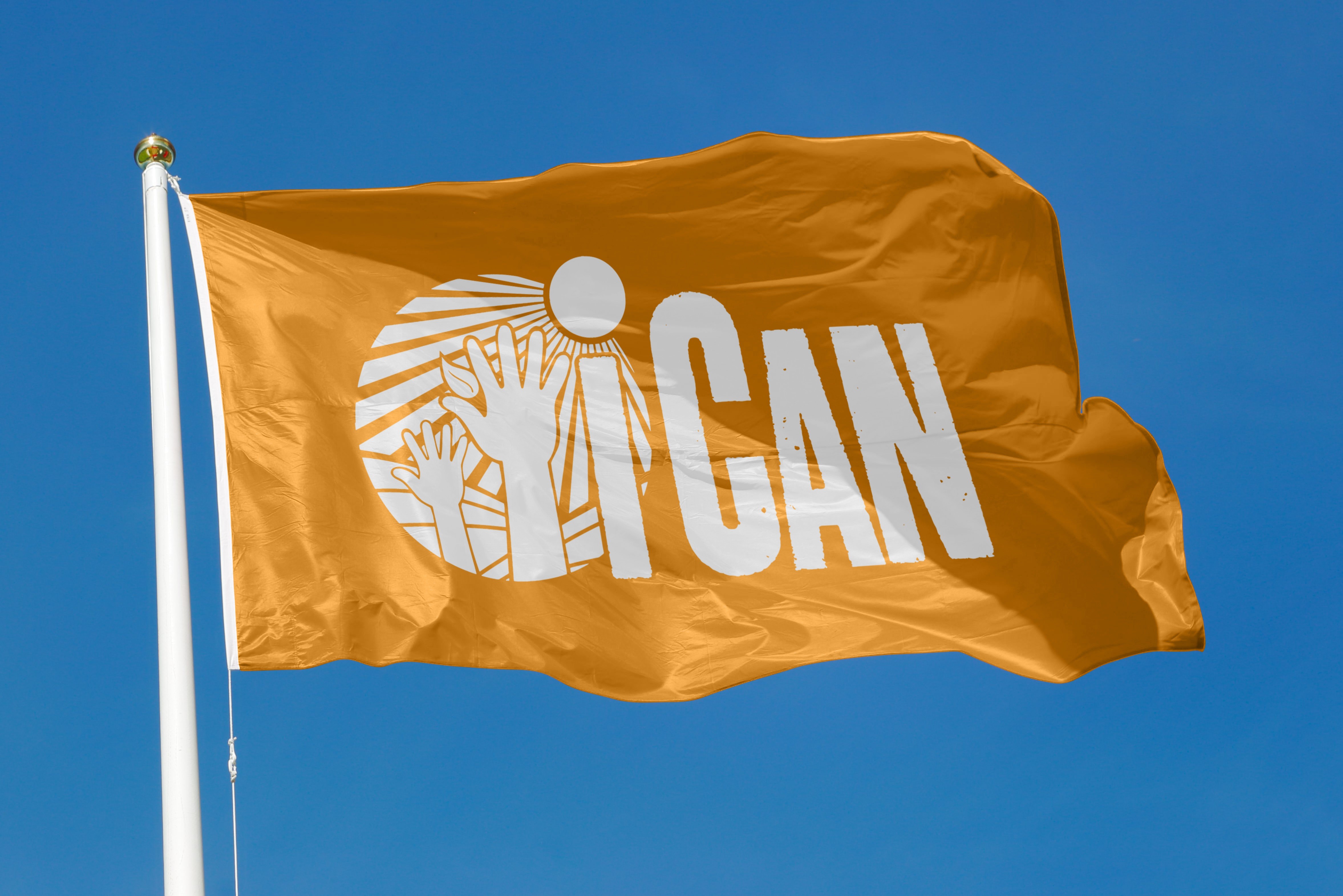 Orange flag with white raised hands and the text I CAN waving against a clear blue sky