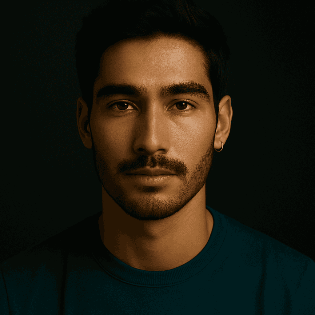 Smiling man with light brown hair and stubble, wearing a khaki shirt in natural light