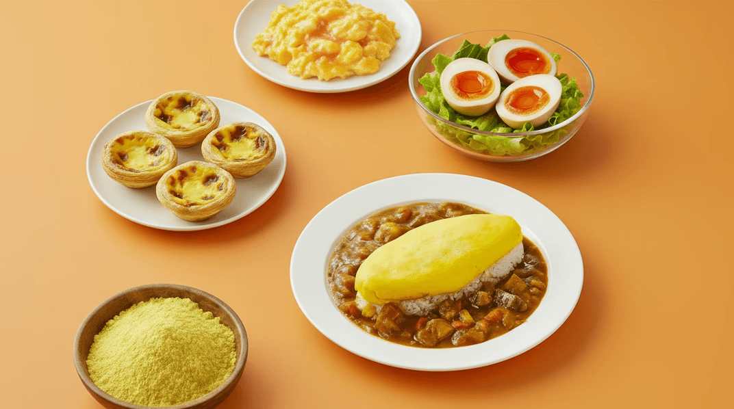 A vibrant array of delicious egg products, including fluffy scrambled eggs, savory omurice sweet egg tarts and perfectly.