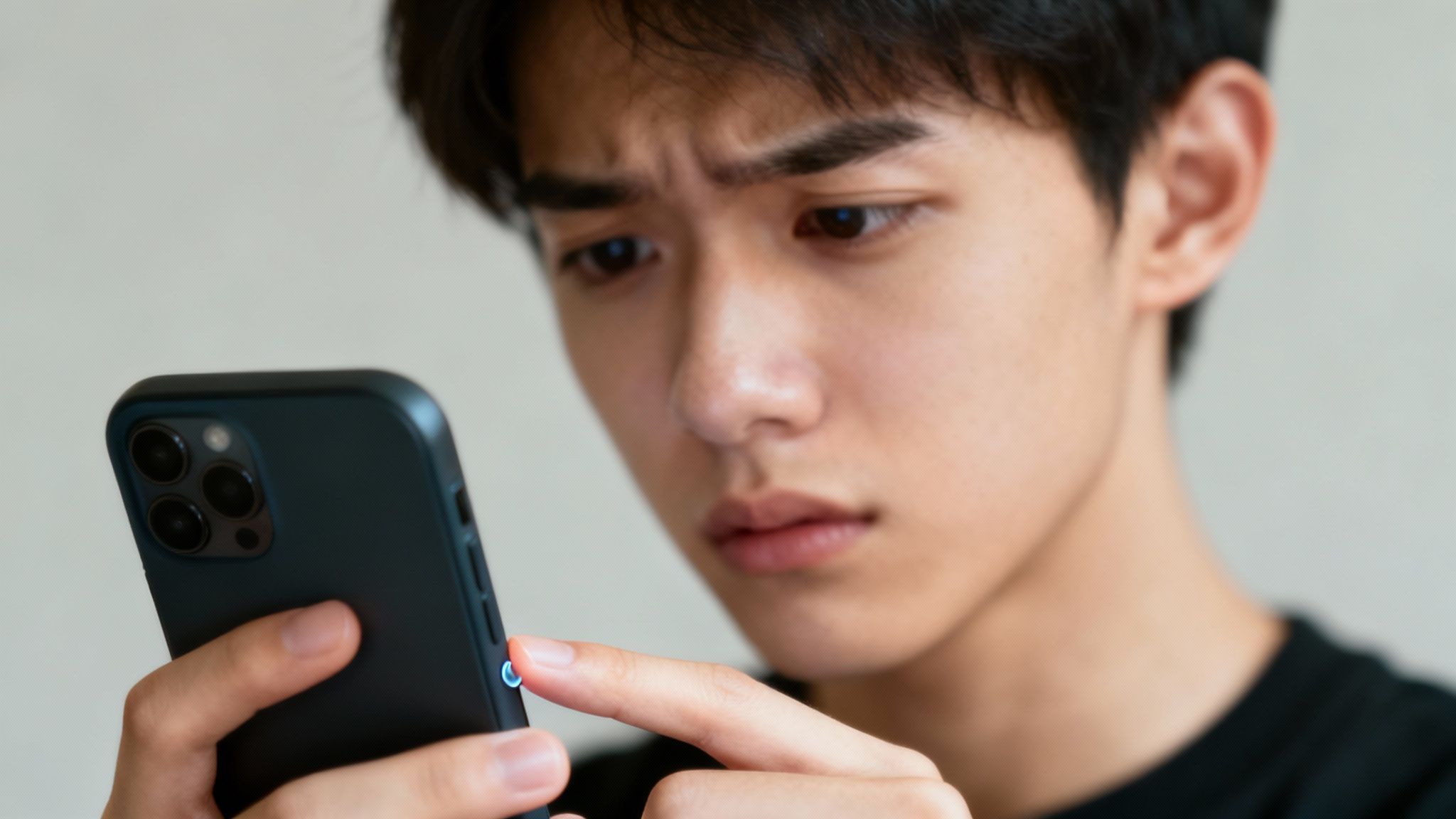 Young Asian man with ADHD looking confused and uncertain while staring at smartphone screen