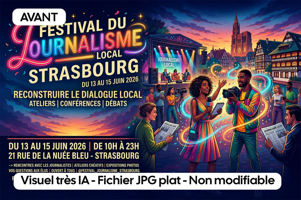 Affiche de festival générée par IA pour un événement de journalisme local à Strasbourg, avec scène, journalistes et public.