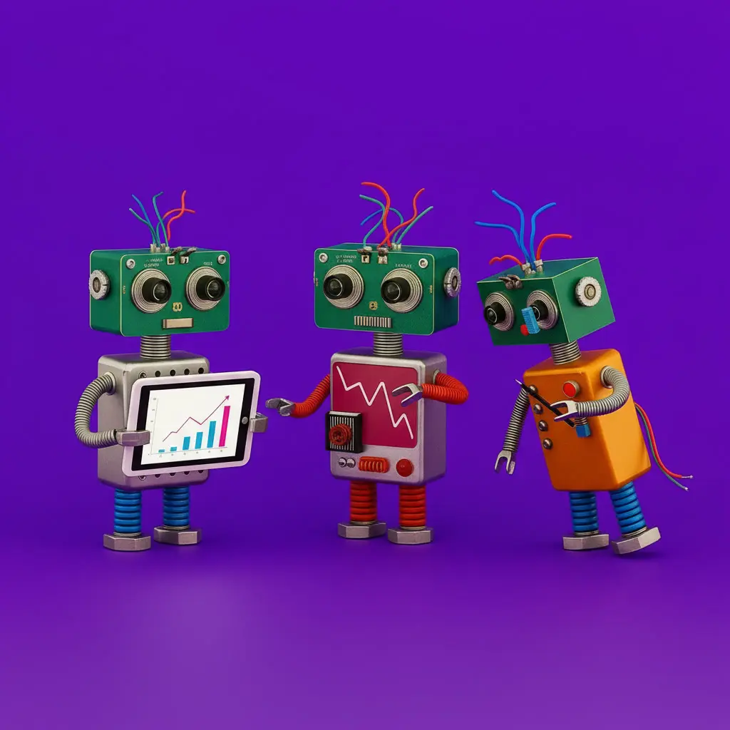 Imagenes de robots haciendo análisis de datos, los robots representan a la marca: Growth Larriera.