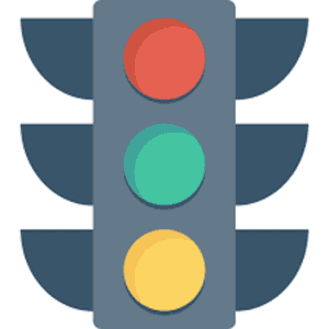 Flat illustration of a traffic light with red, green and yellow lights, showing how colour communicates meaning