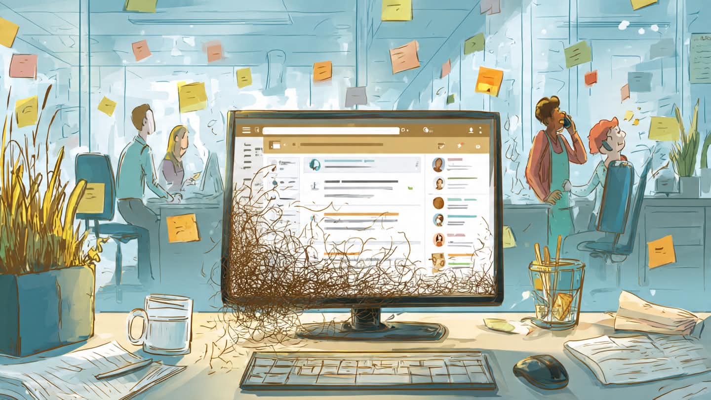 An image of a desktop computer with weeds growing around it with a CRM displaying on the screen. Conveying a CRM that a sales team never uses.