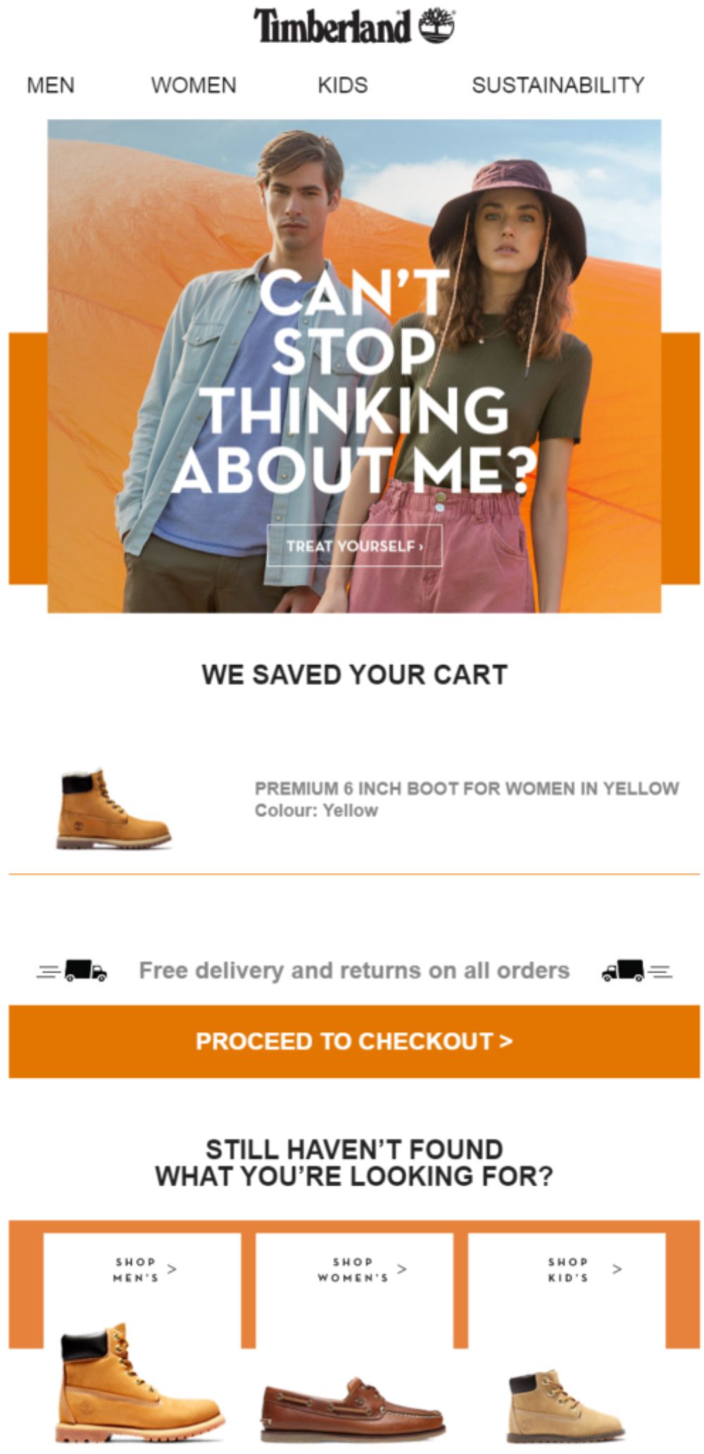 Timberland email encouraging cart recovery with a visually appealing layout, highlighting a premium yellow boot, free shipping details, and a 'Proceed to Checkout' button