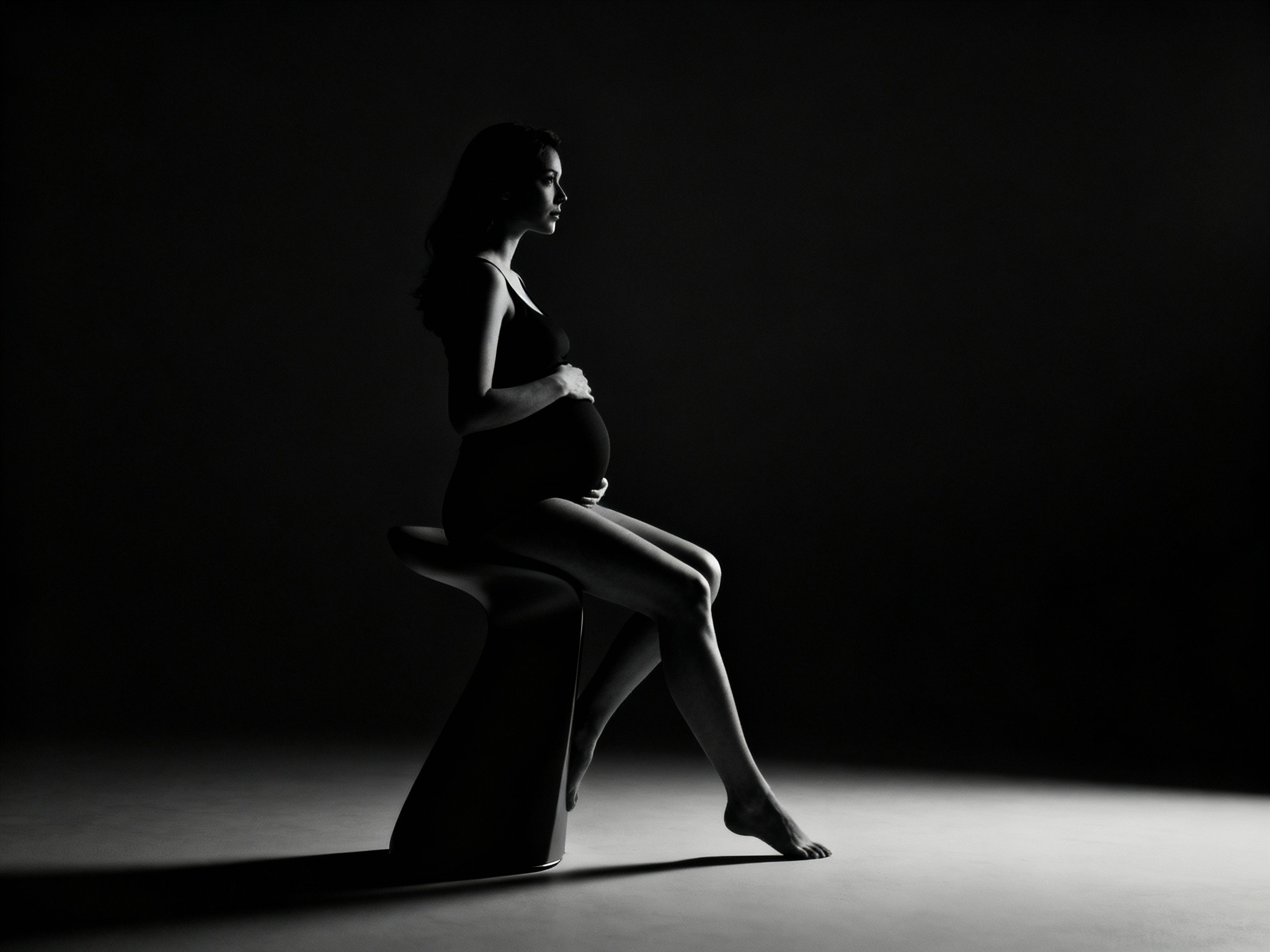 In a minimalist modern studio setting, a side-profile of a pregnant woman seated on a sleek stool is