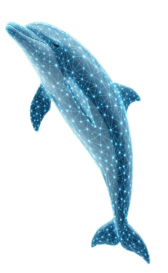 Dauphin hologramme bleu lumineux, composé d'un réseau de points et de lignes interconnectés, évoquant la technologie.