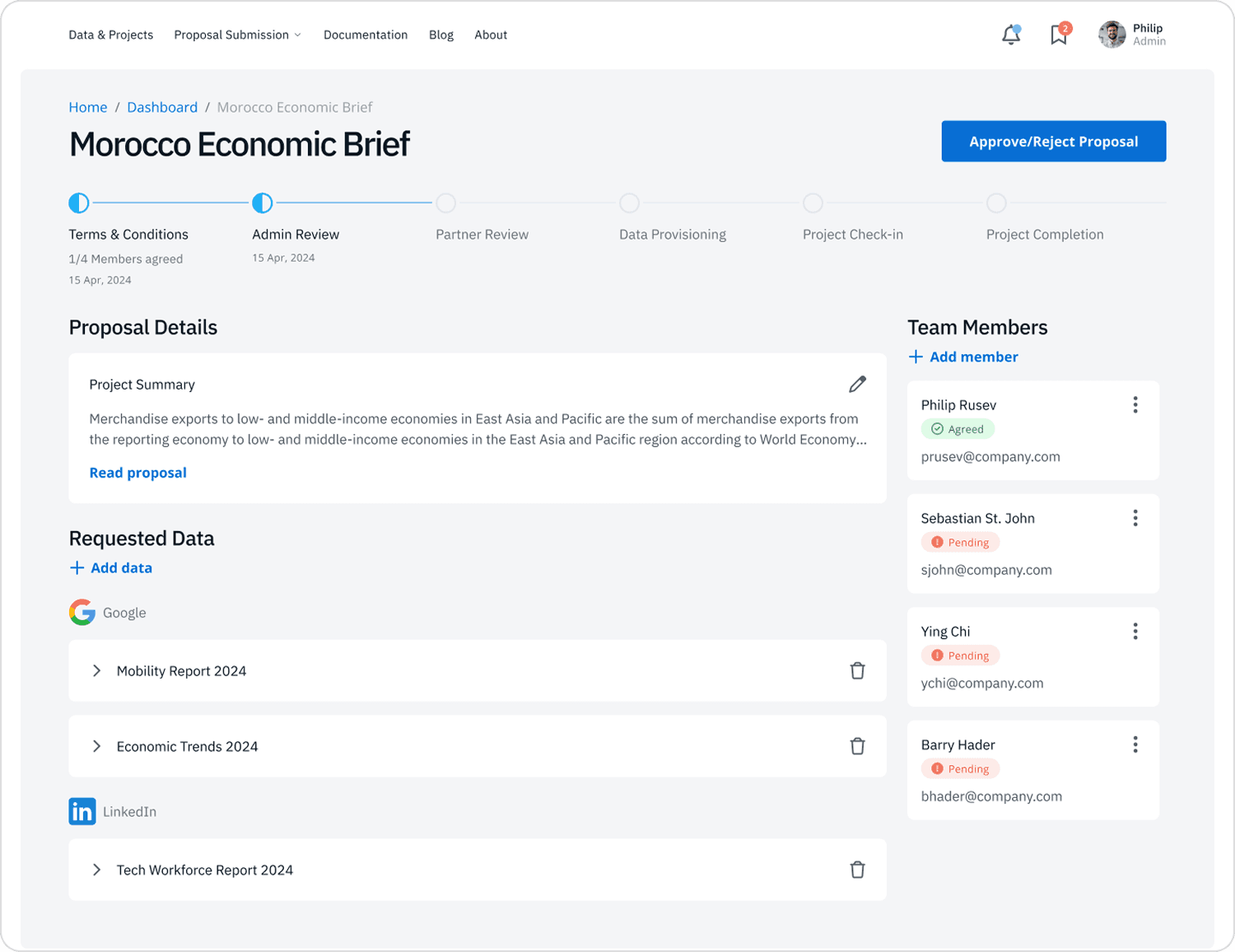 Desktop portal UI for a non-profit showing the second step of the process, which is Admin Review