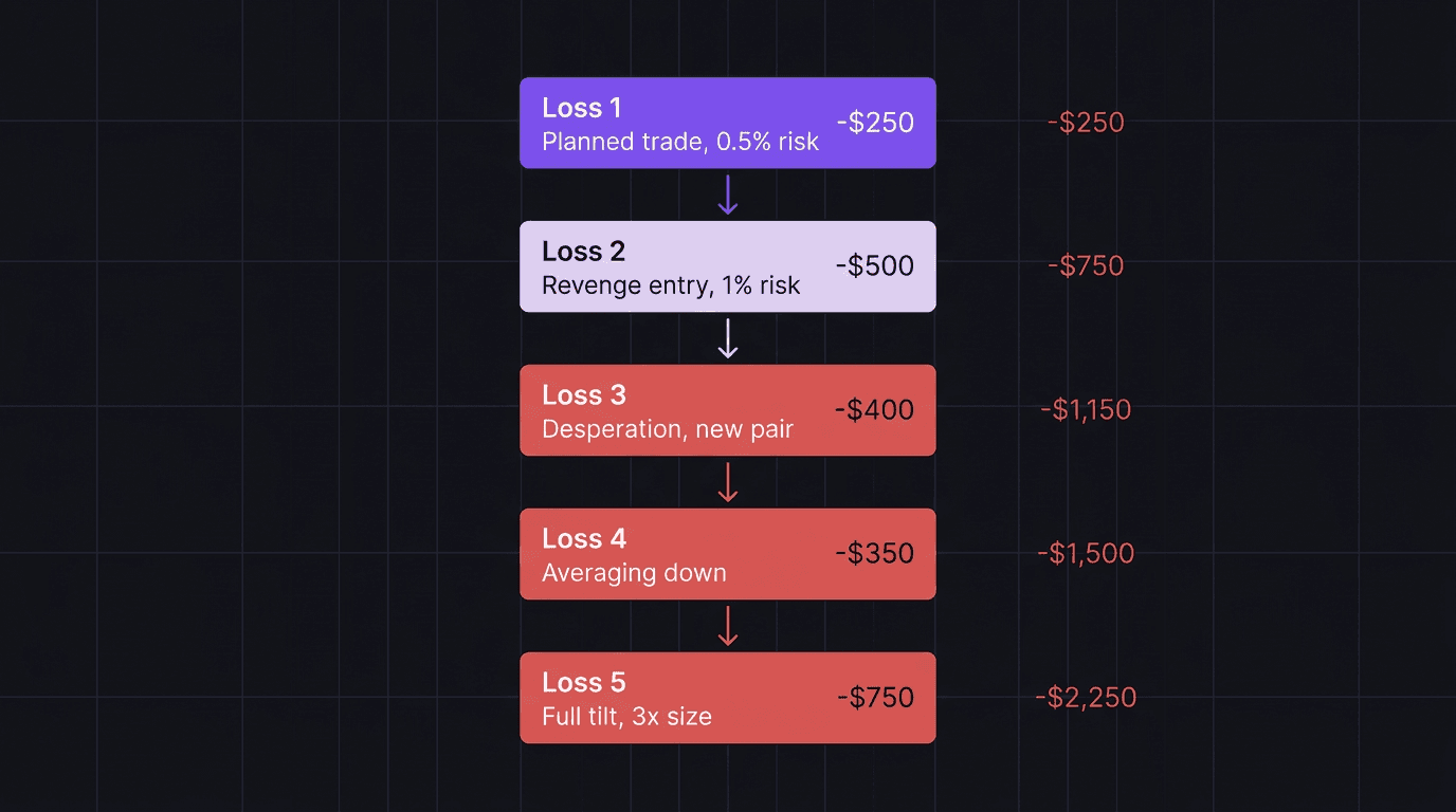 Diagram showing how one planned loss cascades into five emotional losses with increasing position sizes and cumulative drawdown