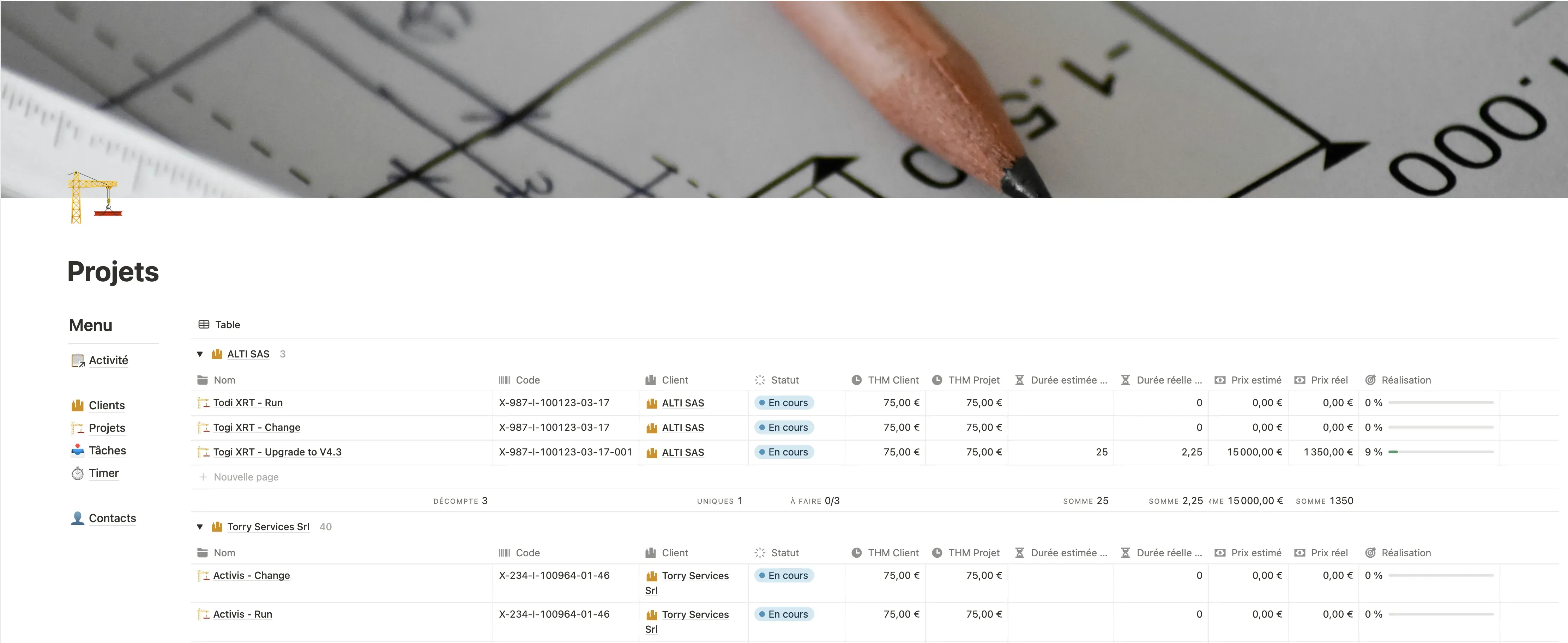 TimeTracker - vue projets