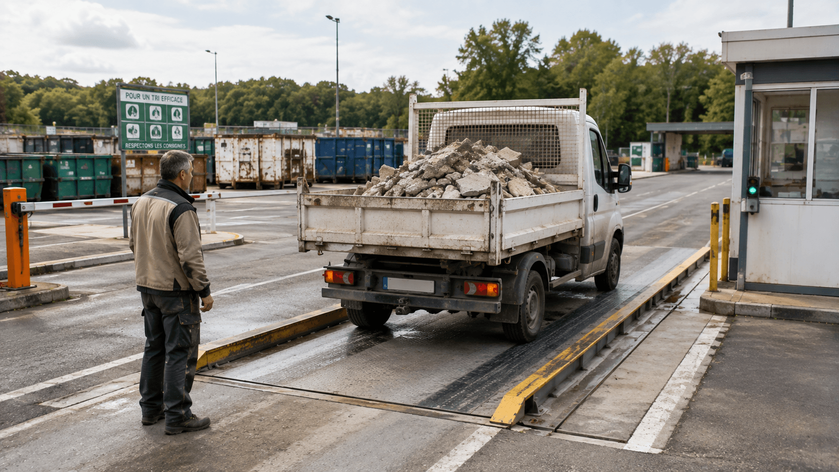 Pesée de déchets de chantier dans une déchetterie professionnelle