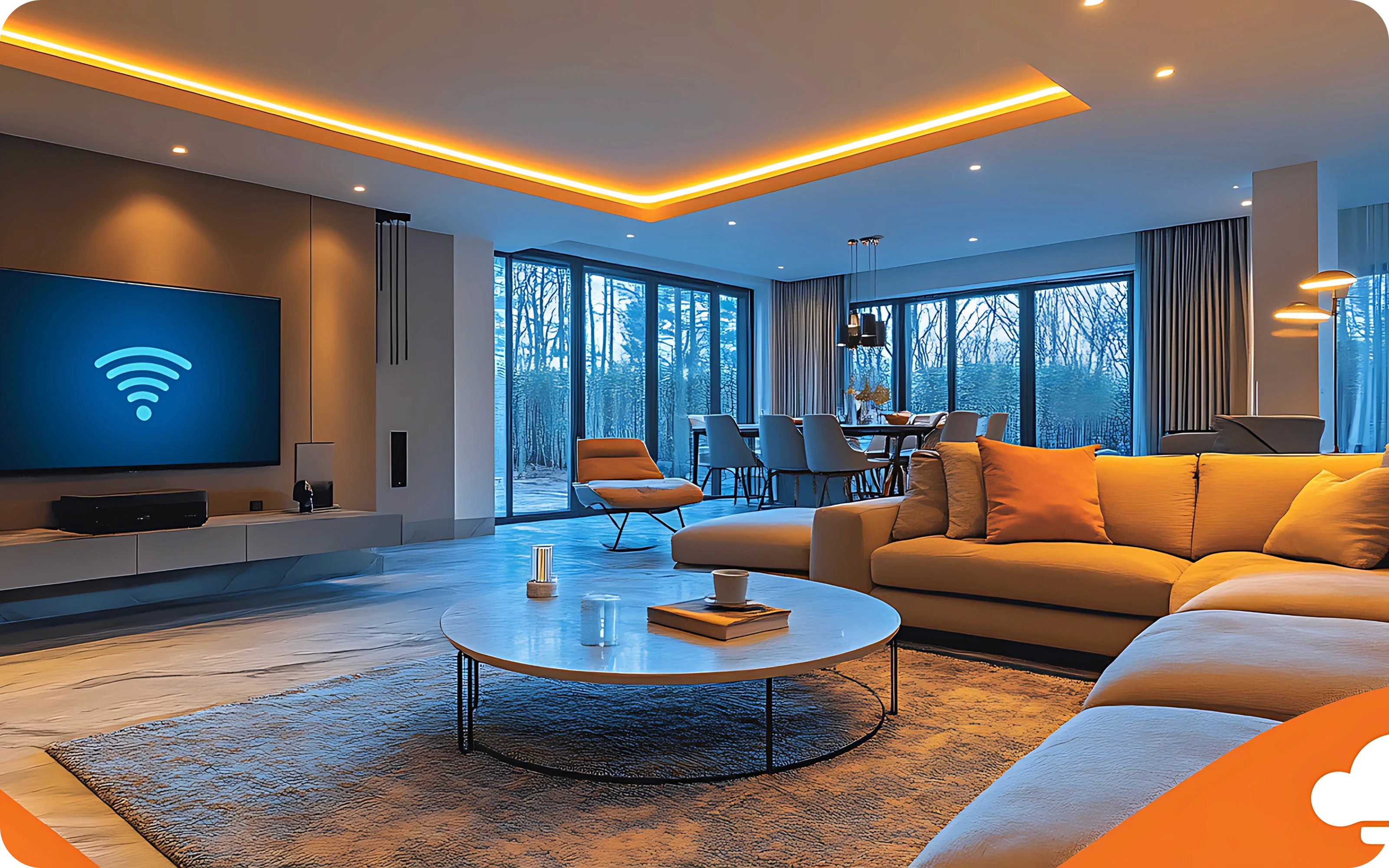 Luxury open-plan living room and dining area featuring warm cove lighting and a smart TV setup.