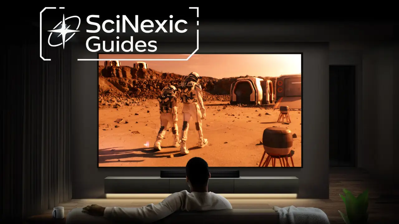 A person sits comfortably on a sofa in a dimly lit living room, watching a large screen displaying a sci-fi scene of astronauts exploring a rocky, reddish terrain with distant futuristic structures.