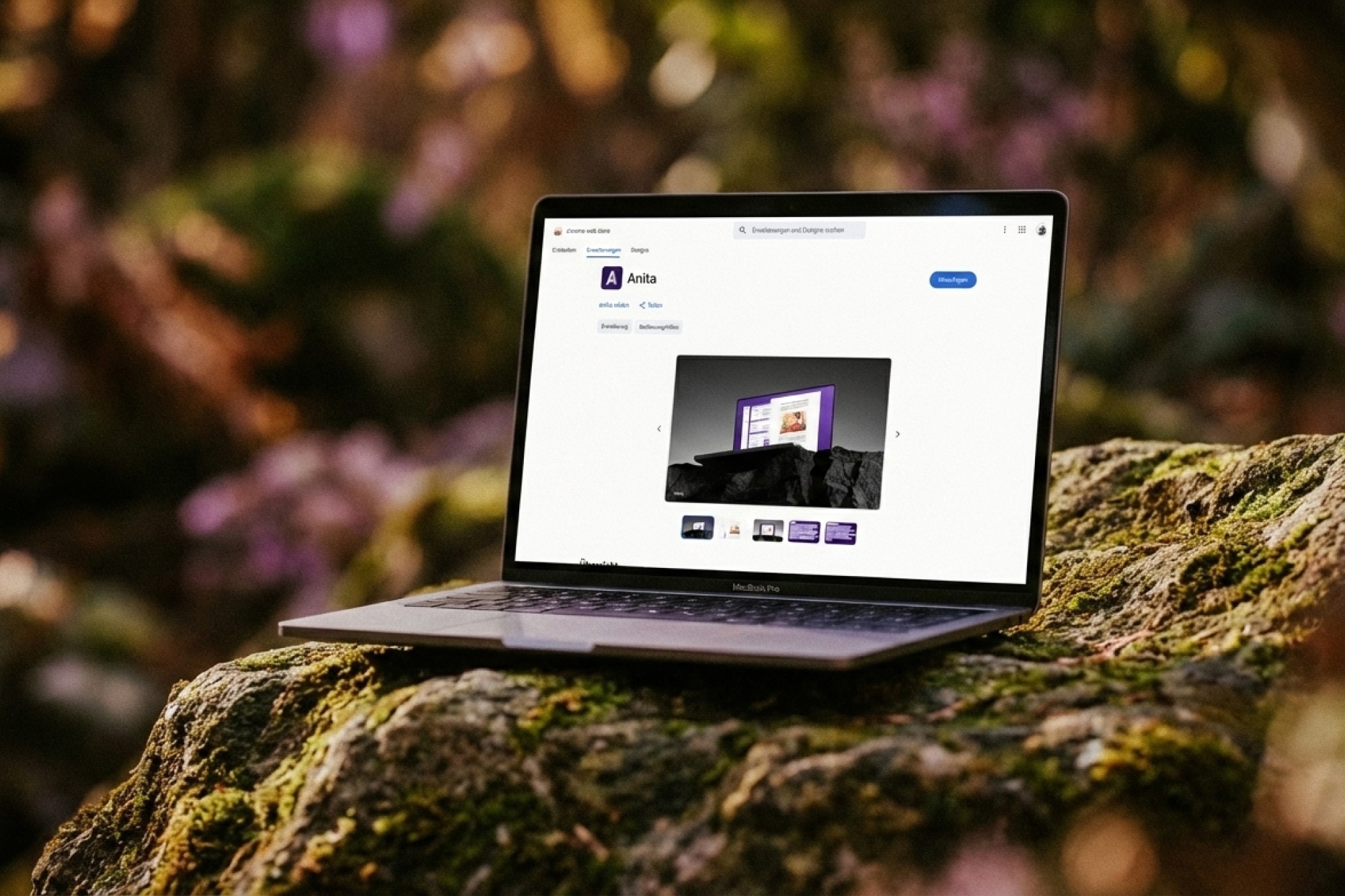 MacBook Pro in der Natur, welches den Chome Web Store zeigt mit der Anita Extension.