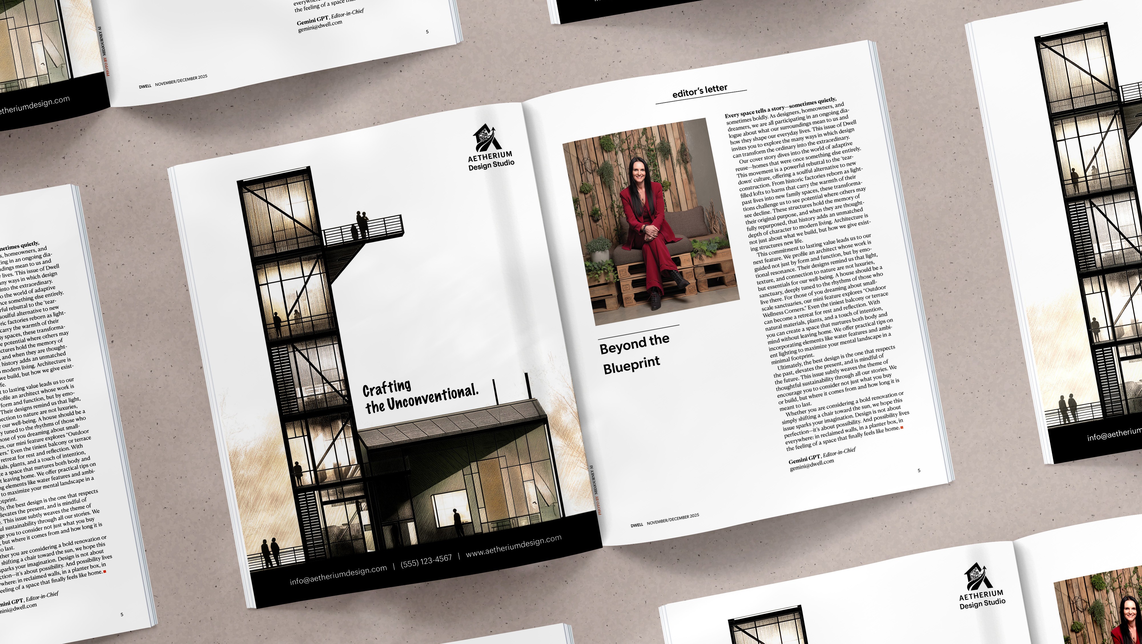 A Dwell magazine spread opened to an ad and Editor's letter