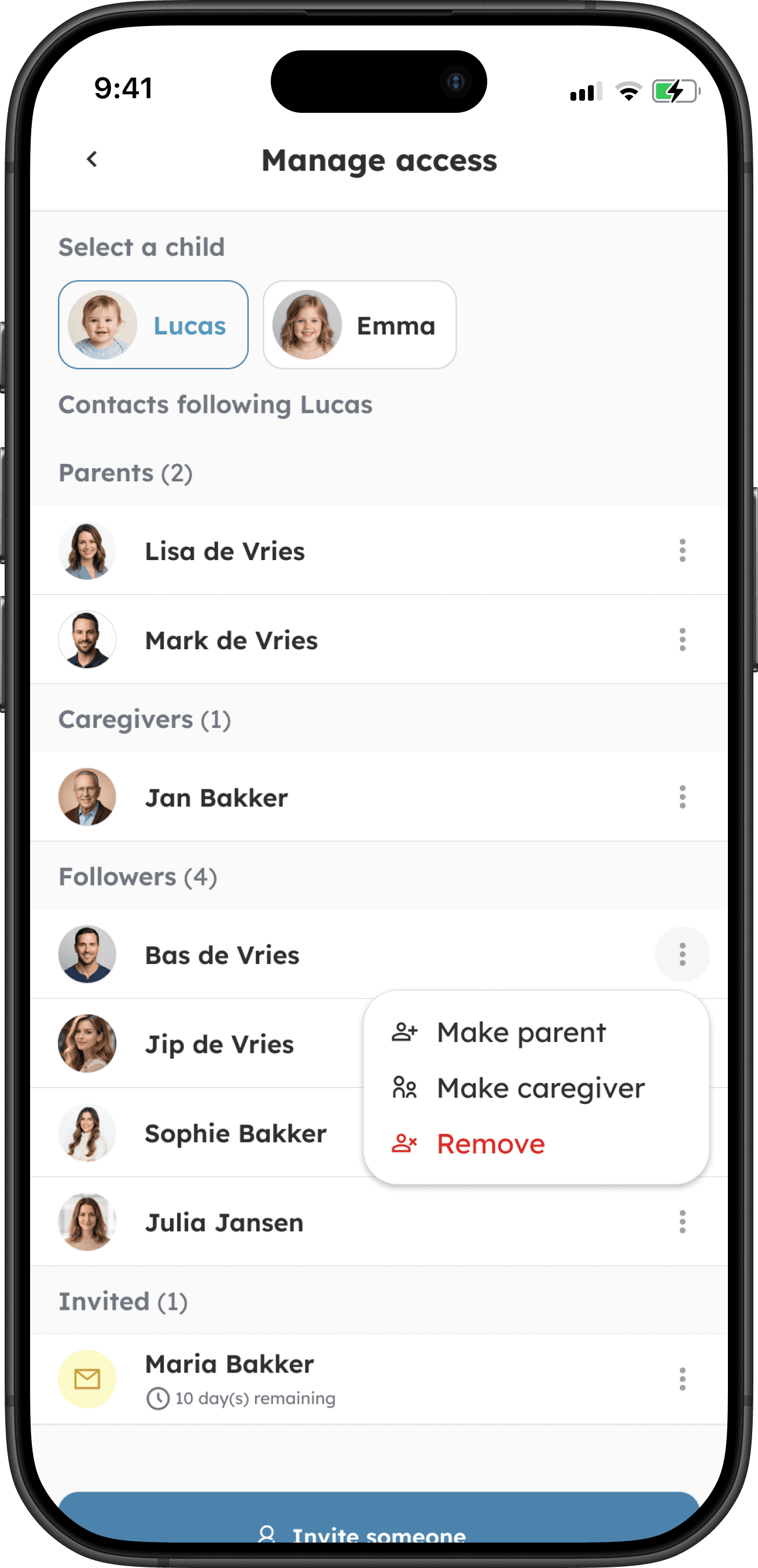 Screenshot van de sectie voor toegangsbeheer in babysteps