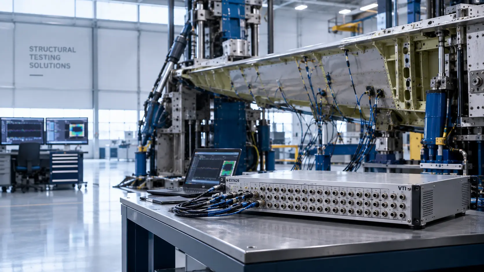 Aircraft wing section on a structural test rig with multichannel data acquisition
