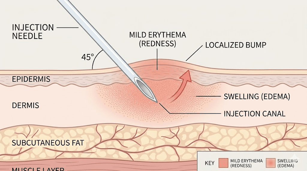 GLP-1 injection site reaction showing redness and swelling diagram