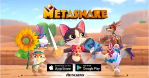 MetaSnake mobile game promotional art featuring cartoon animal characters on desert backdrop with App Store download buttons	
