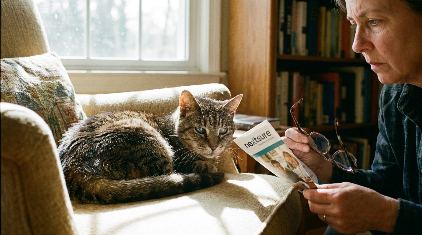 Ältere getigerte Hauskatze sitzt entspannt auf der Fensterbank, Versicherungsunterlagen daneben