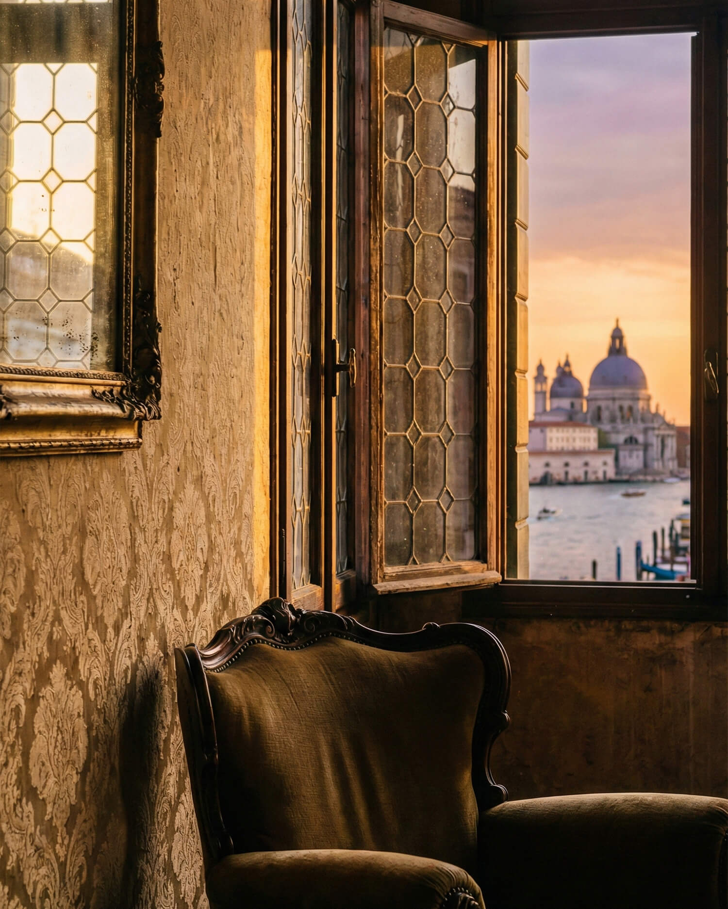 Вид из окна венецианского палаццо на канал и купол Санта-Мария-делла-Салюте