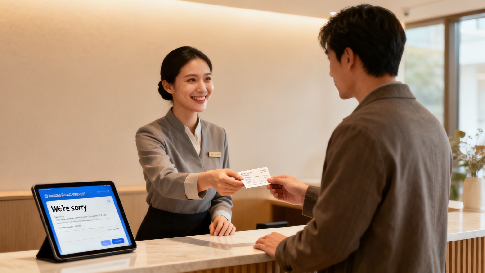 A smiling hotel receptionist hands a key card to a male guest at the reception desk.