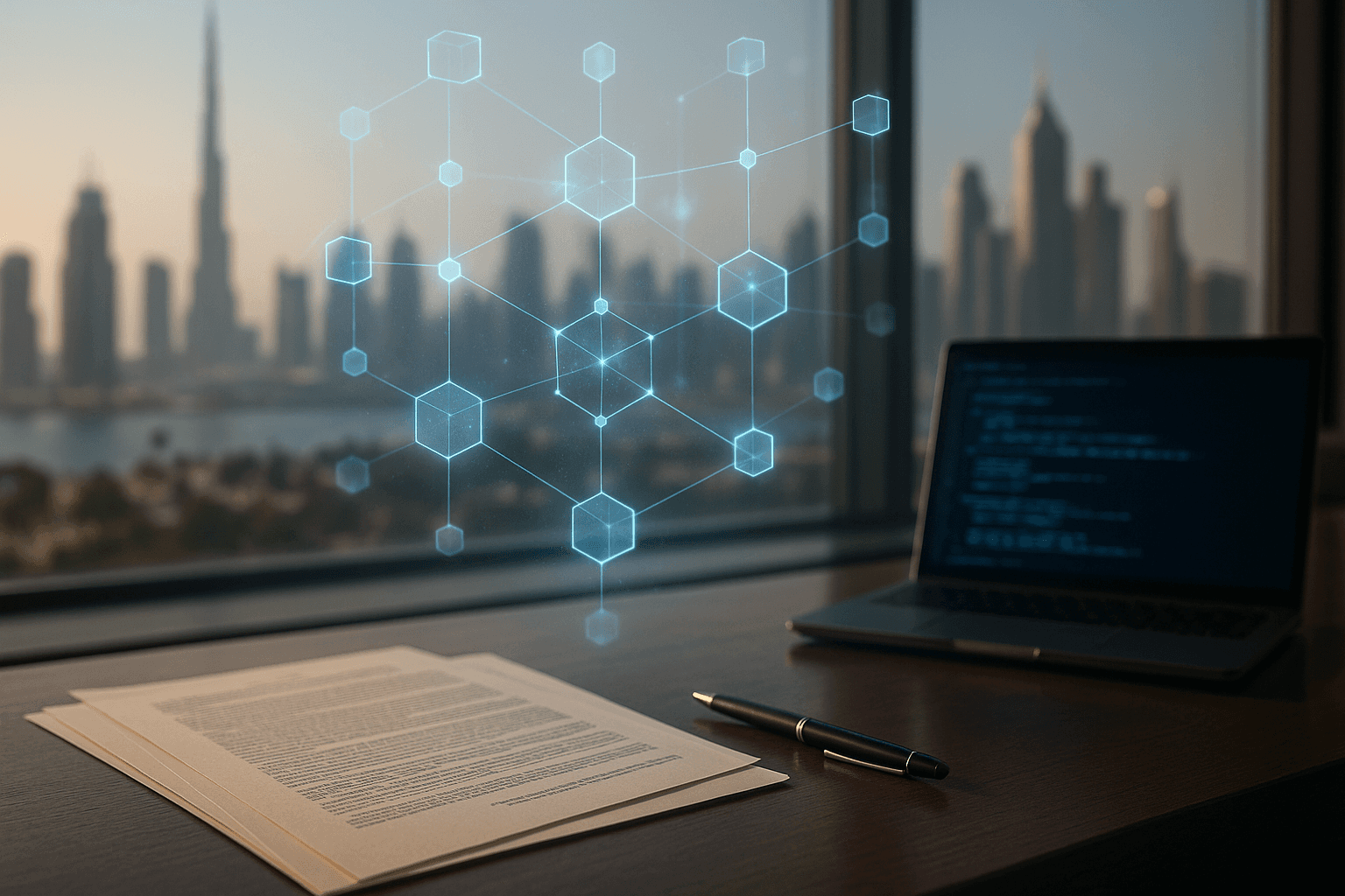 tablet on desk with real estate virtual render