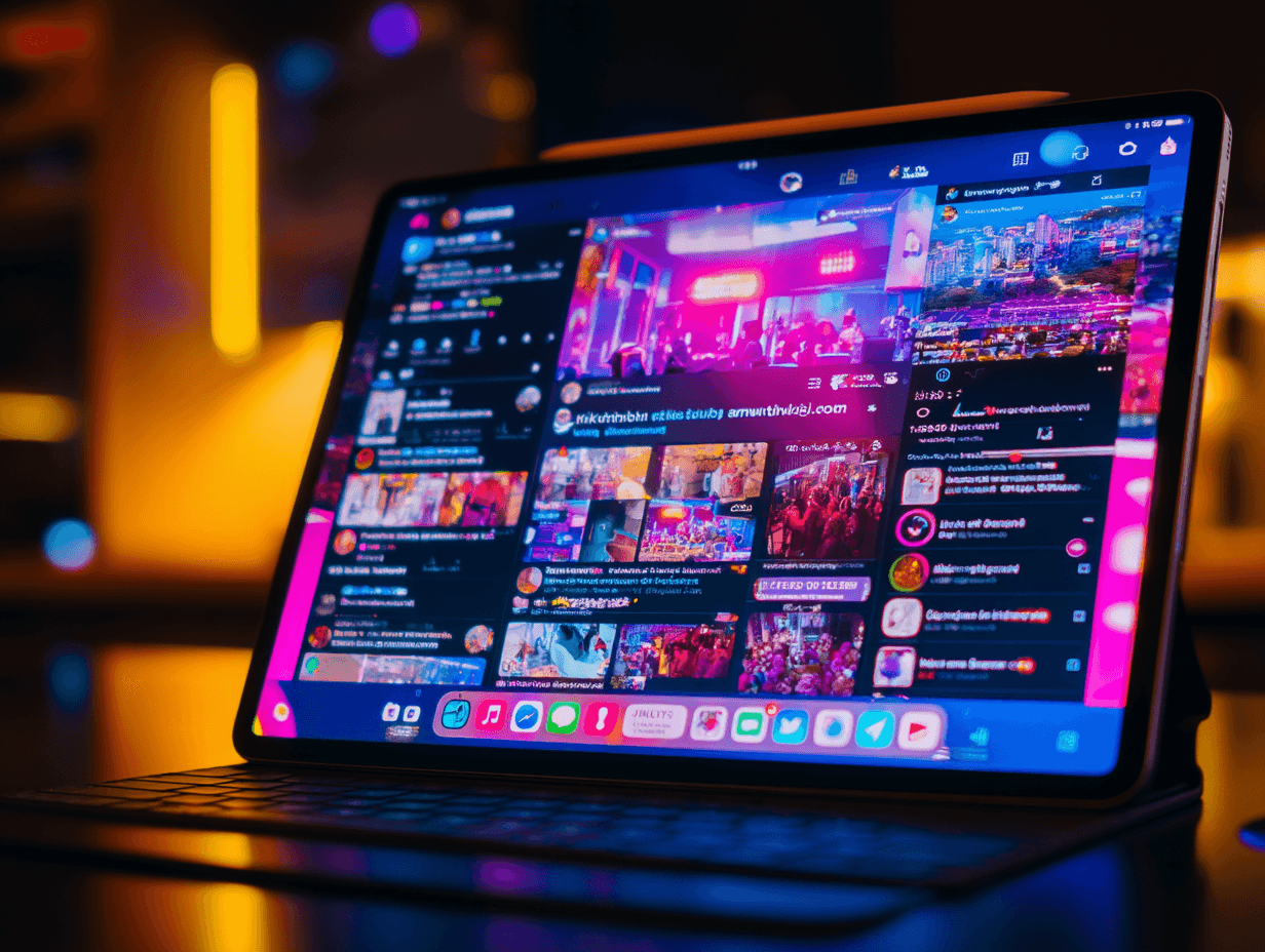 A laptop displays a vibrant, colorful interface with various applications and notifications illuminated in a dim setting.