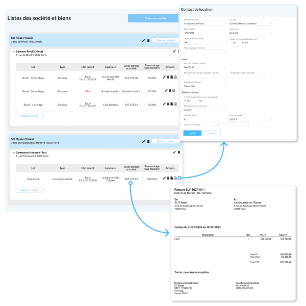 factures, liste de sociétés et biens de SCI