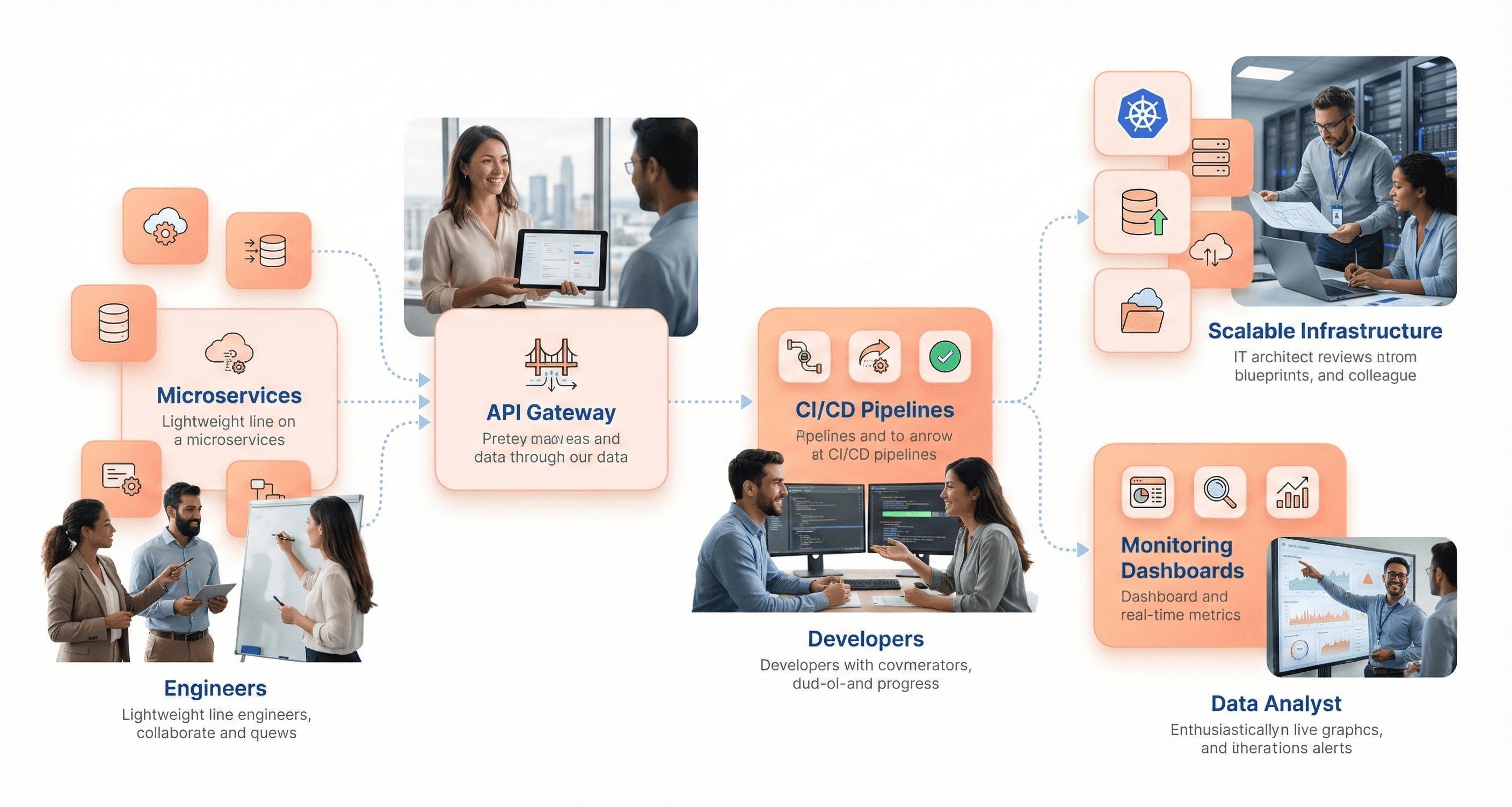 Modern cloud-native enterprise architecture showing microservices, APIs, CI/CD pipelines, monitoring tools, and scalable infrastructure.