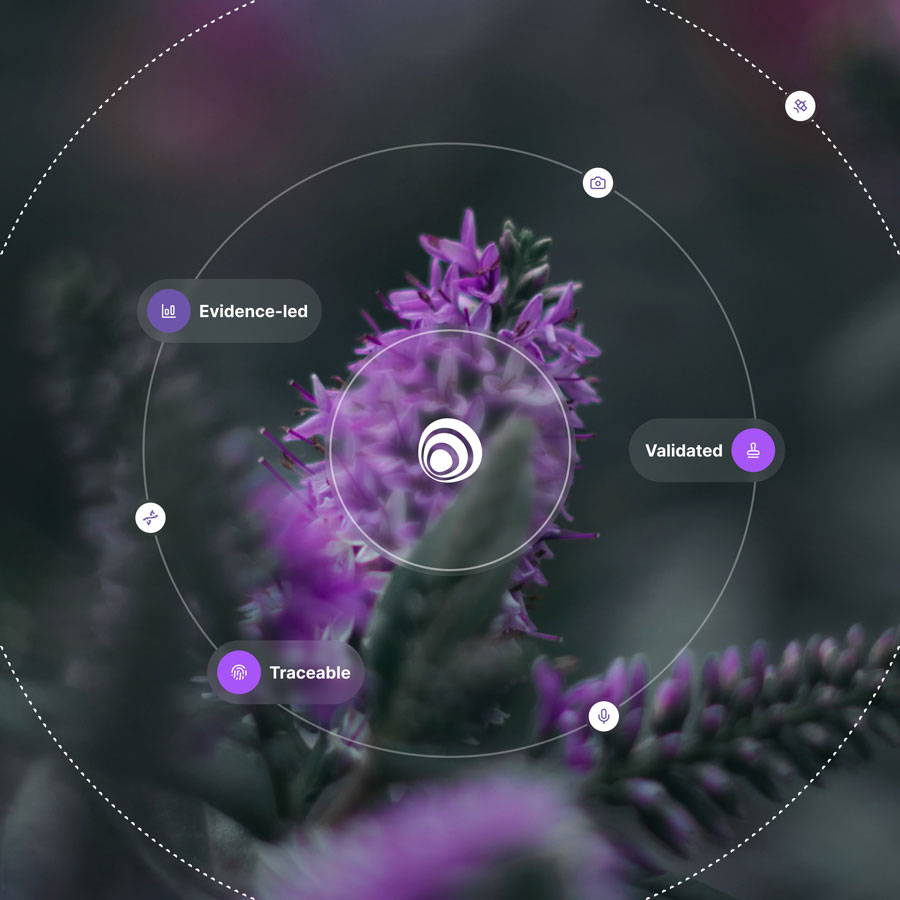 Visual rings and icons layered over a purple flower, representing validated, traceable and evidence-led data integrity.